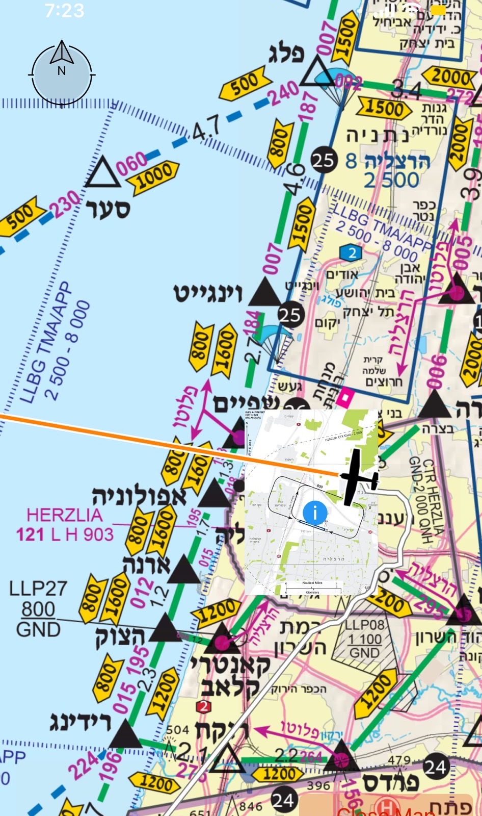מפת CVFR באפליקציה עם מיקום המטוס באזור הרצליה